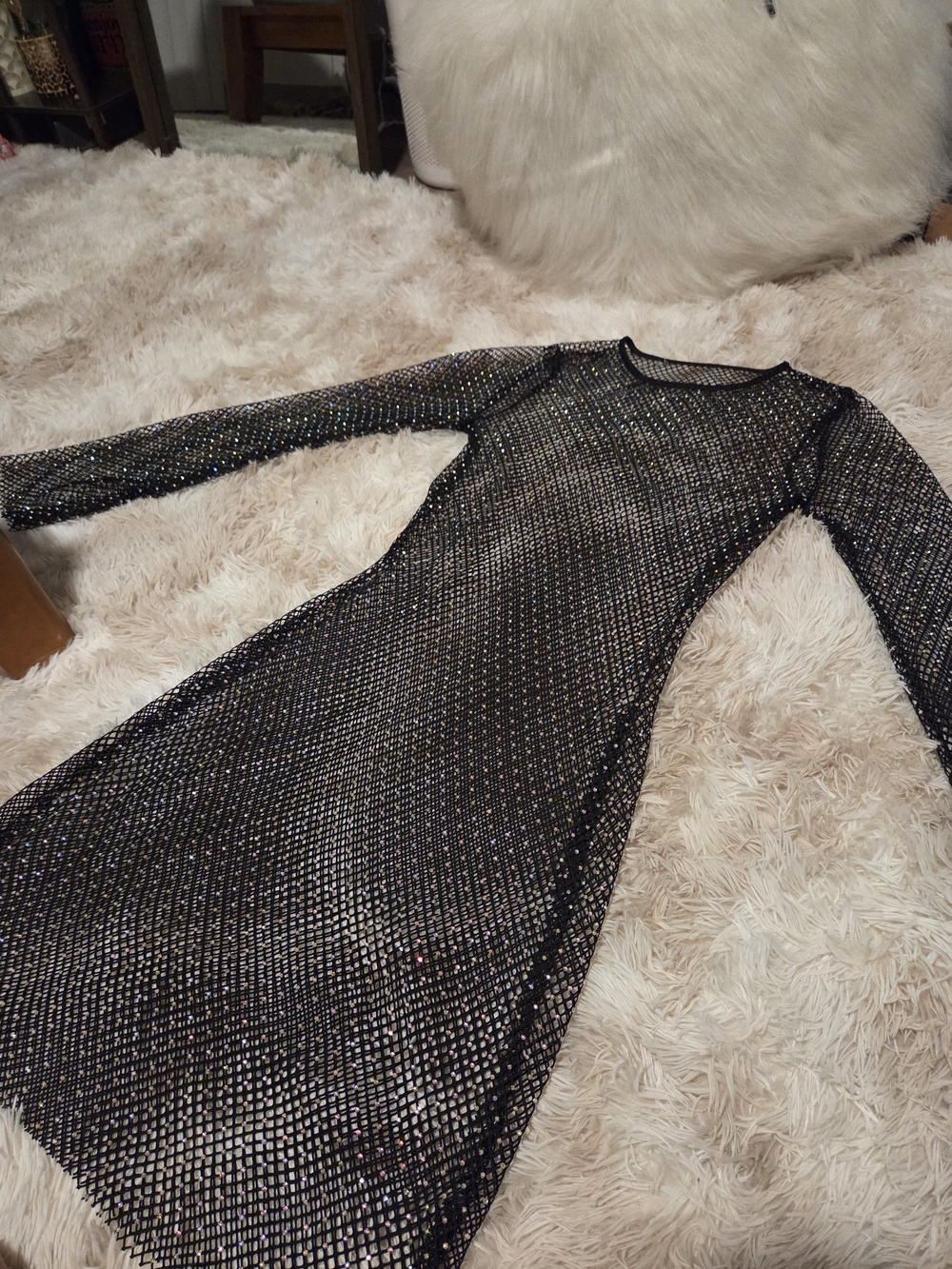 Black Long-Sleeve Mesh Iridescent Rhinstone Dress